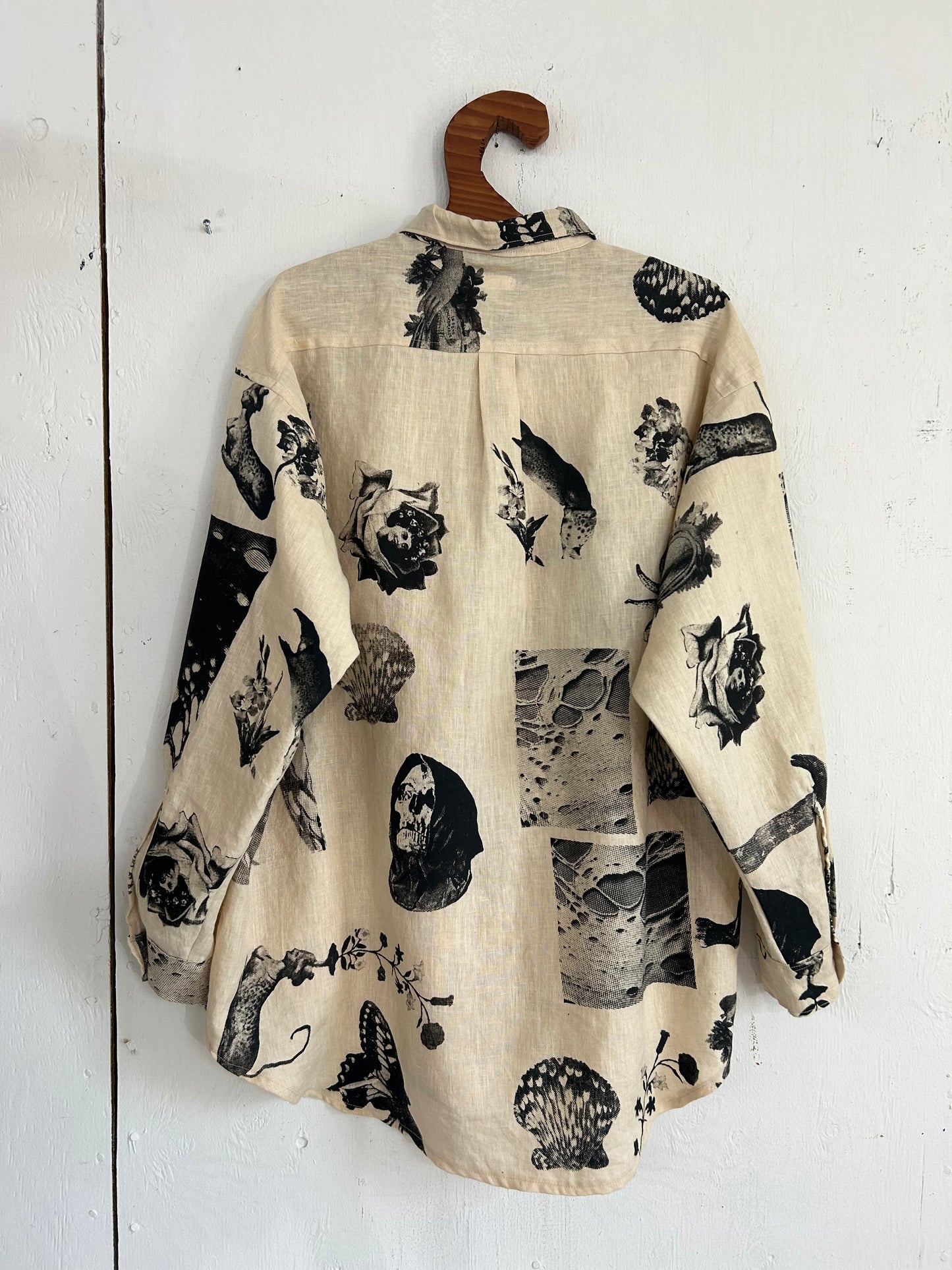 Hand Printed Tan Linen Button Down Shirt