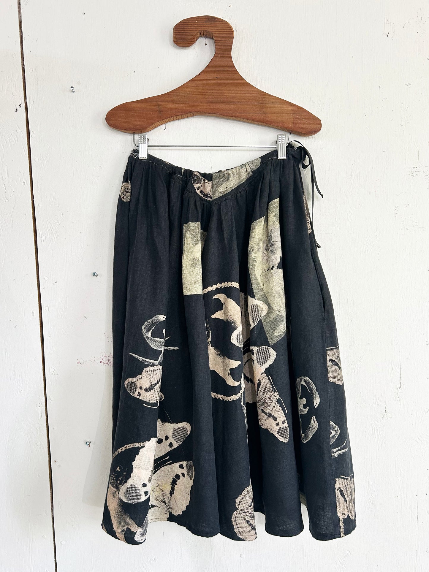 Hand Printed Black Linen Printed Skirt with Ribbon Tie