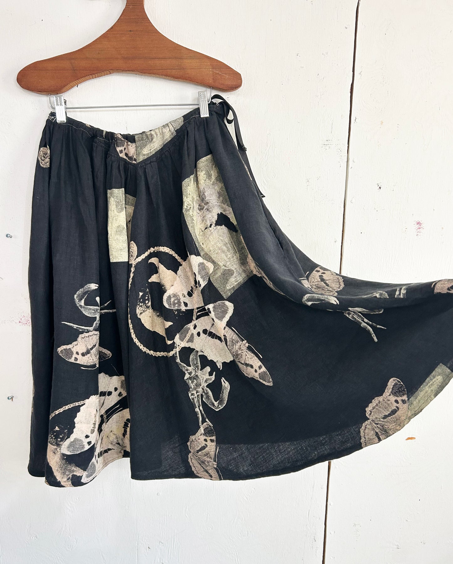 Hand Printed Black Linen Printed Skirt with Ribbon Tie