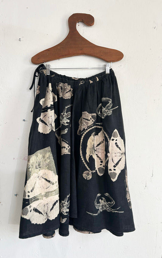 Hand Printed Black Linen Printed Skirt with Ribbon Tie