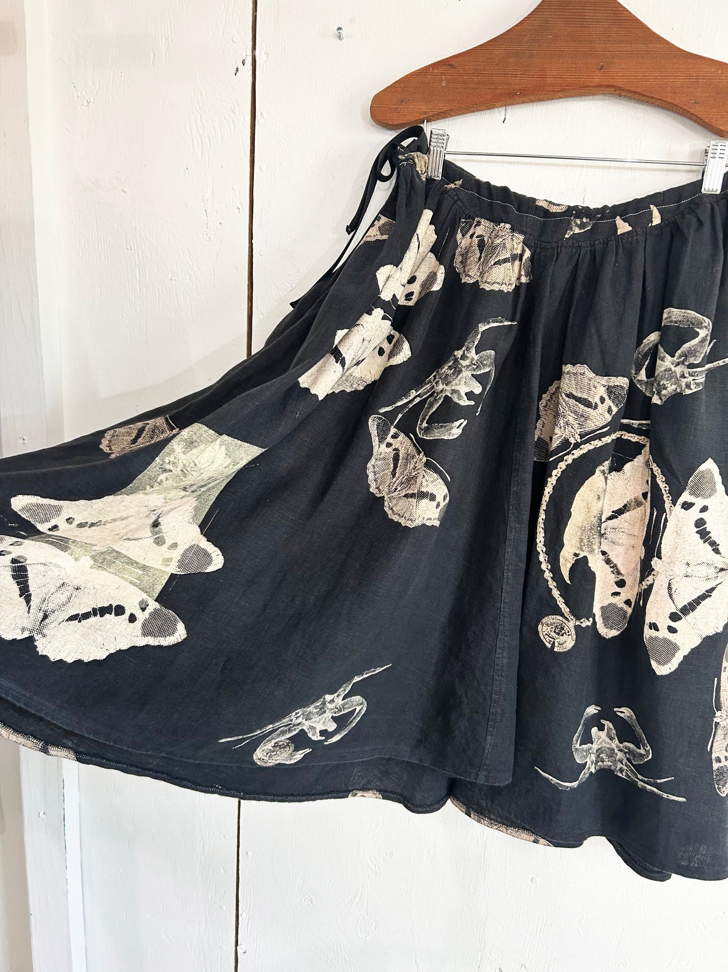 Hand Printed Black Linen Printed Skirt with Ribbon Tie