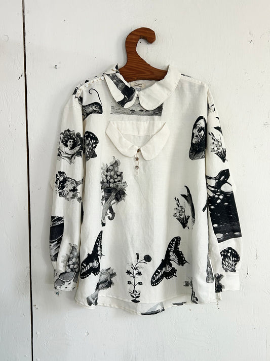 Hand Printed Mock Collar Linen Blouse