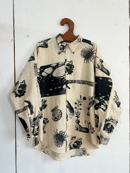 Hand Printed Tan Linen Button Down Shirt