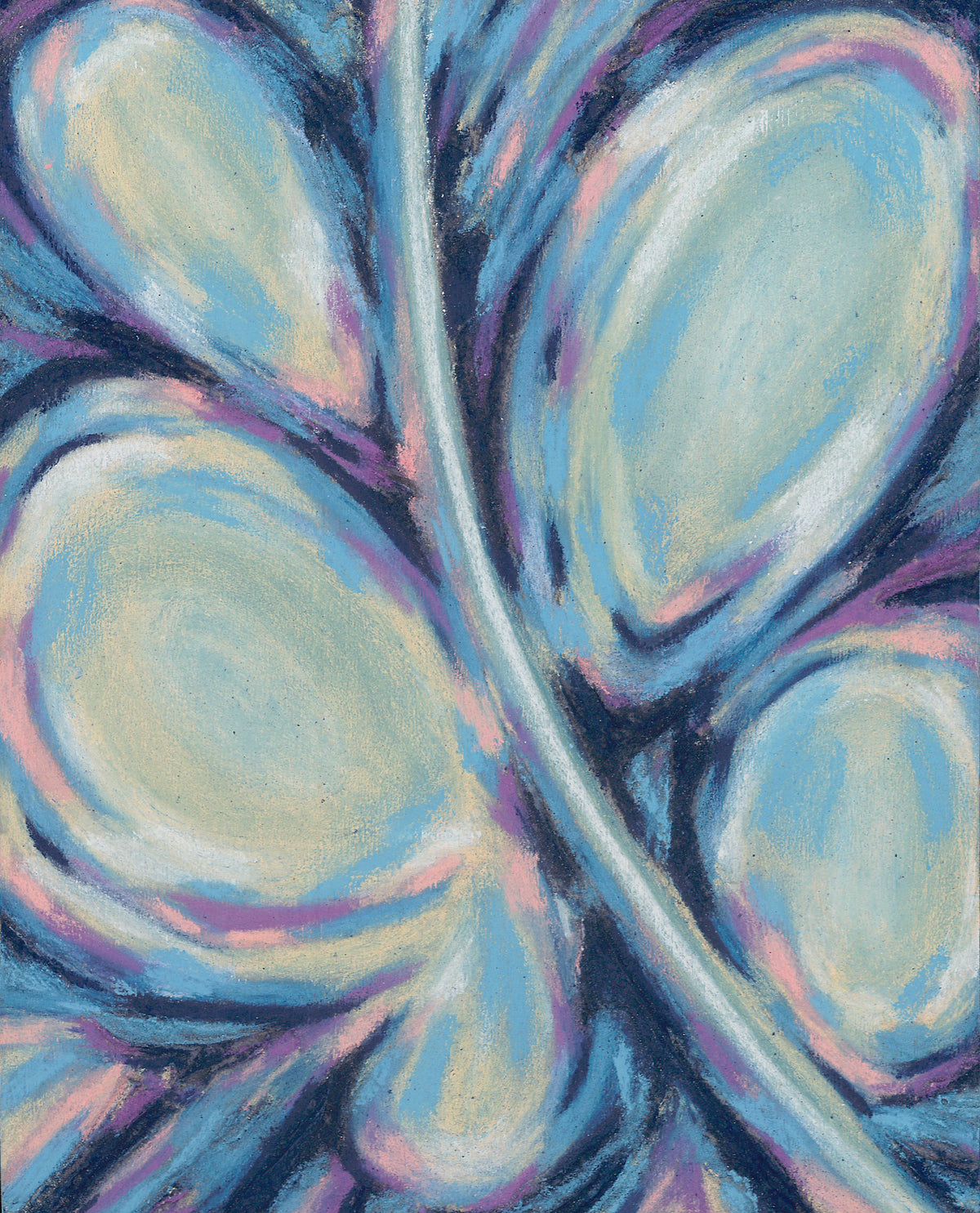 Abstract pastel artwork featuring organic, fluid shapes in light blue, cream, lavender, and purple, outlined with dark navy strokes.