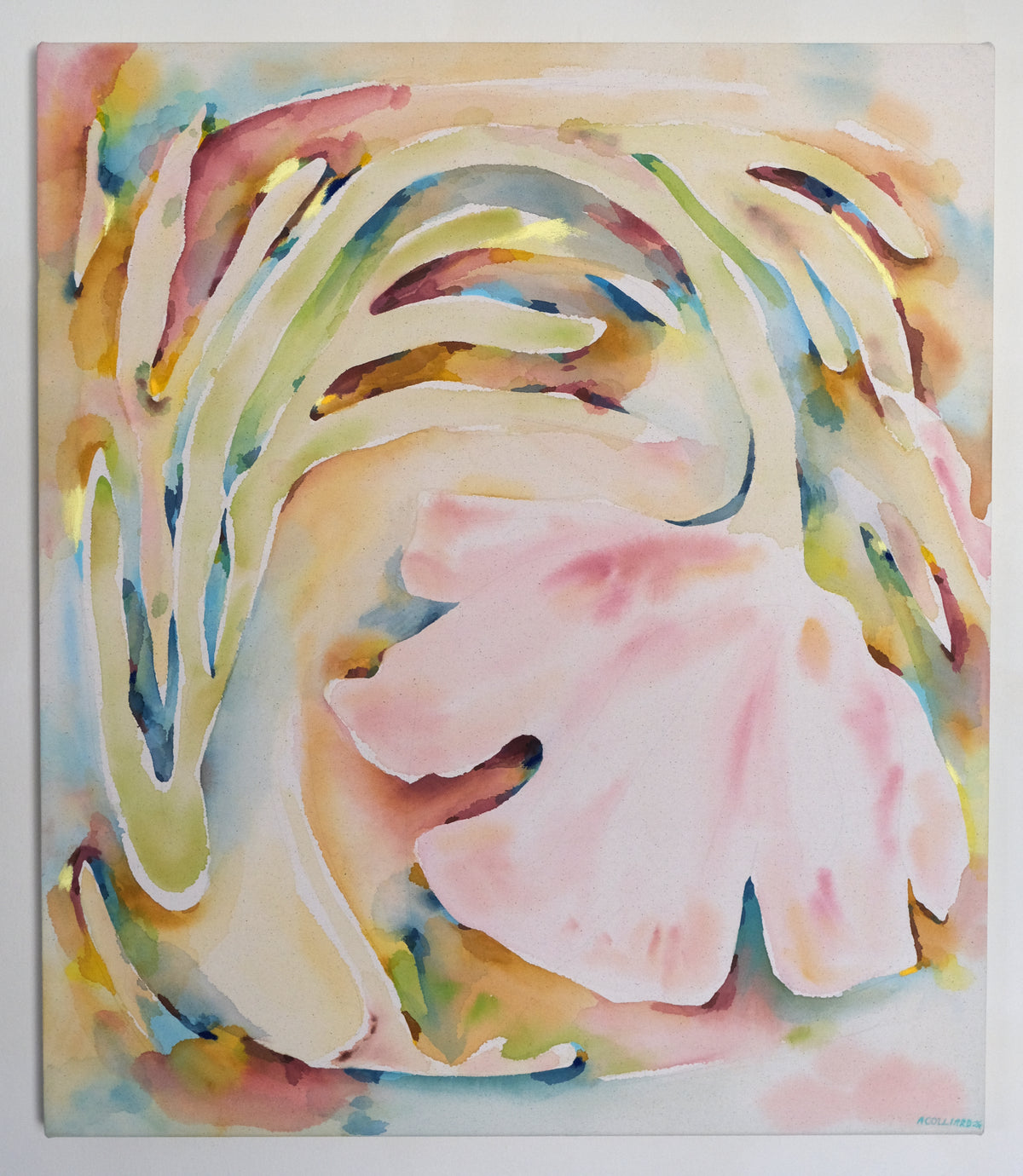 An abstract watercolor painting featuring a large soft pink leaf-like form layered over flowing, organic strokes in cream, yellow, green, blue, and pink on a square canvas.