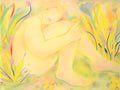 A pastel-style painting of a seated nude figure curled inward, surrounded by tall grasses and flowers in soft yellow, green, pink, and blue tones.