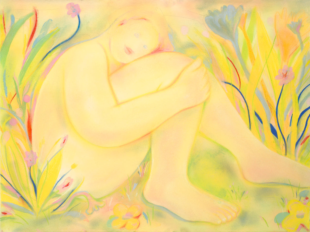 A pastel-style painting of a seated nude figure curled inward, surrounded by tall grasses and flowers in soft yellow, green, pink, and blue tones.