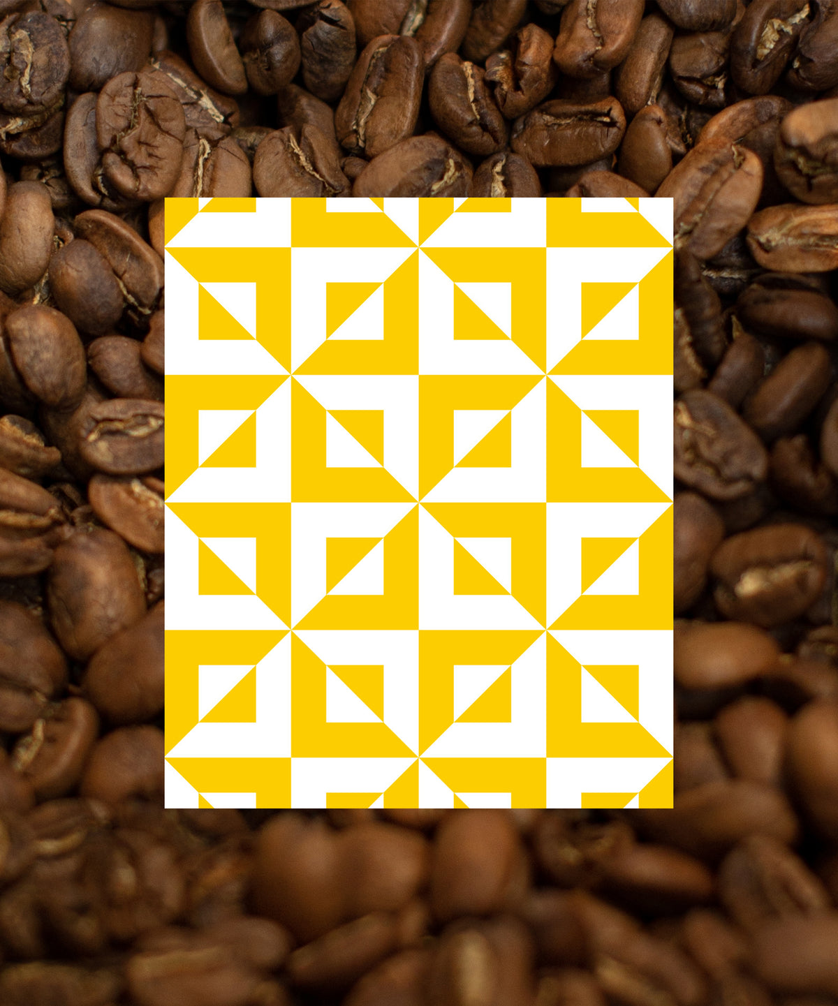 A graphic design featuring a yellow and white geometric pattern on a background of roasted coffee beans.