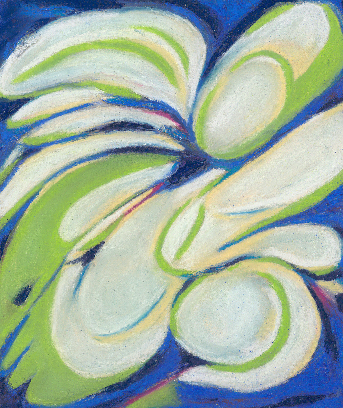 Abstract floral painting with broad white and light green petal-like shapes outlined in dark blue and black, set against a vivid blue background.