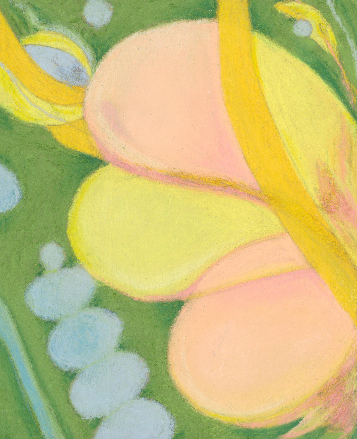 Abstract pastel artwork featuring soft peach and pale yellow organic shapes on a green background with light blue oval accents.