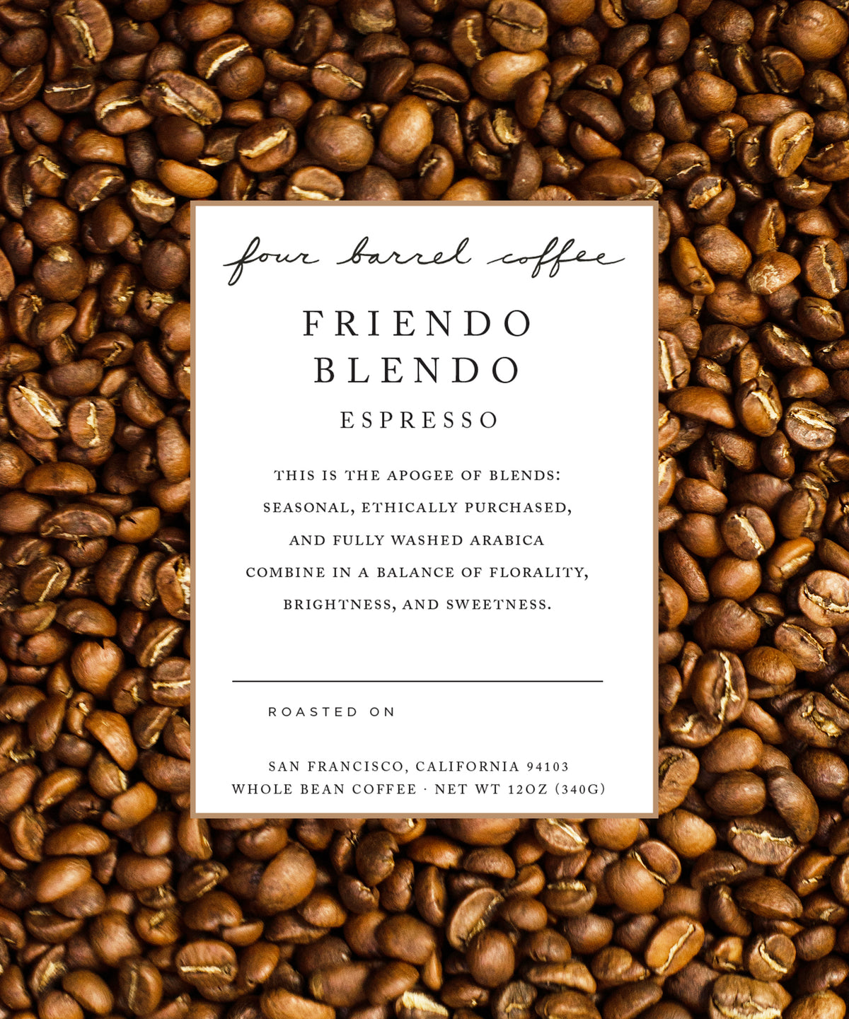 This image features the "Friendo Blend Espresso" from Four Barrel Coffee, presented amidst a backdrop of coffee beans. The espresso blend is highlighted in a visually appealing manner with a clear and informative label at the center.
