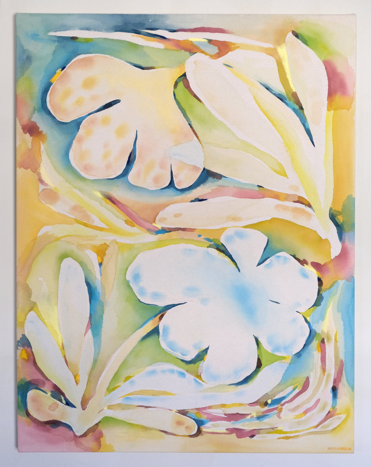 An abstract floral painting featuring white and light blue flower shapes with yellow, green, and blue watercolor washes on a square canvas.
