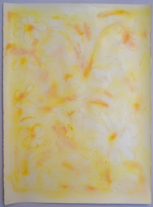A square art print or painting featuring a delicate floral pattern in soft yellow, orange, and peach tones on a white background, with a visible white border around the artwork.