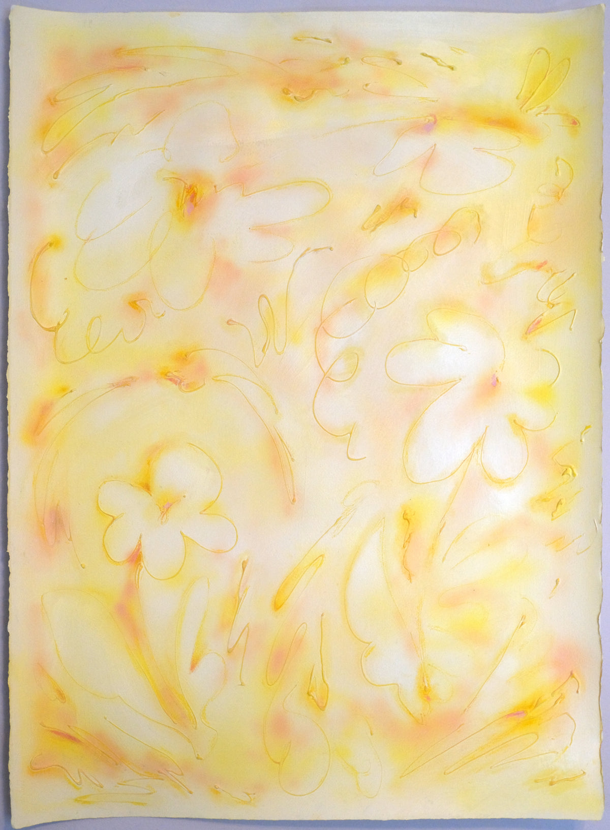 An abstract floral art print featuring delicate yellow and orange line drawings of flowers and leaves on a soft, textured cream and pale yellow background.