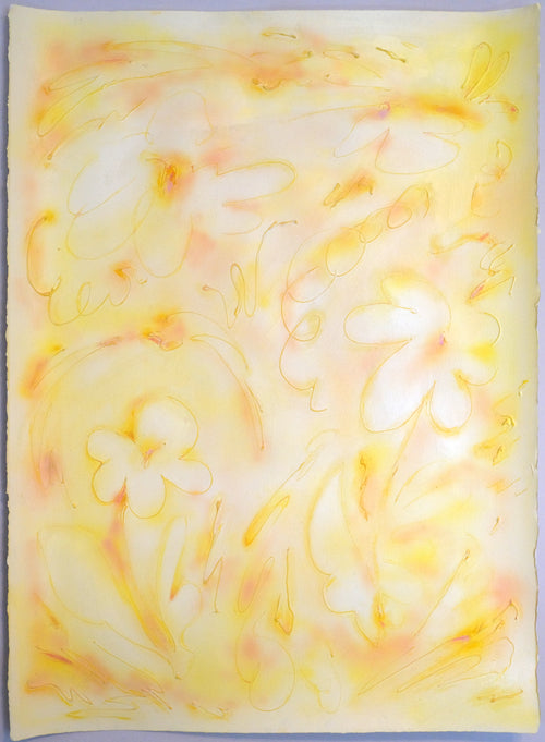 An abstract floral art print featuring delicate yellow and orange line drawings of flowers and leaves on a soft, textured cream and pale yellow background.