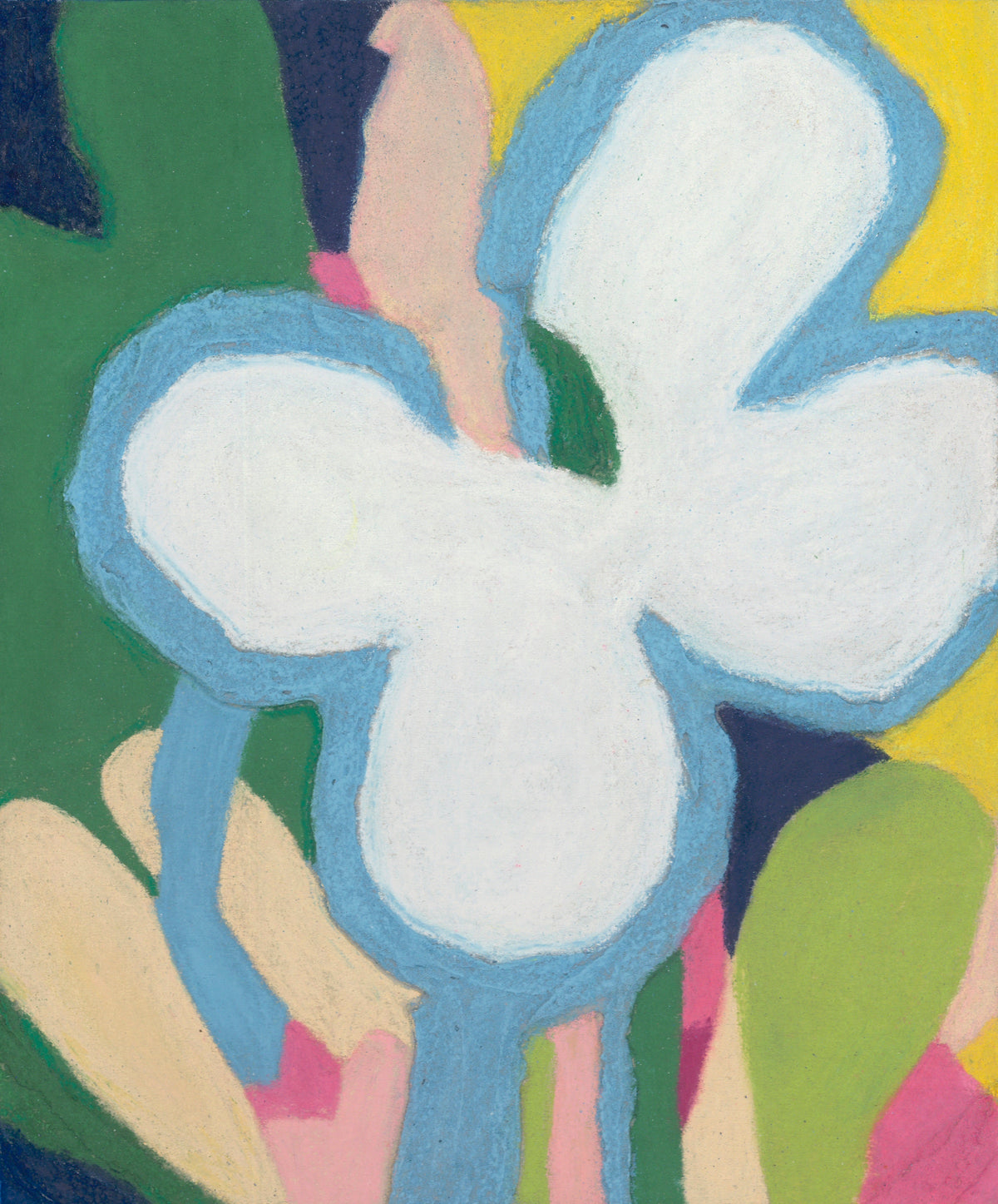 Abstract floral painting featuring a large white flower with a light blue outline, set against a background of green, yellow, pink, and beige shapes.