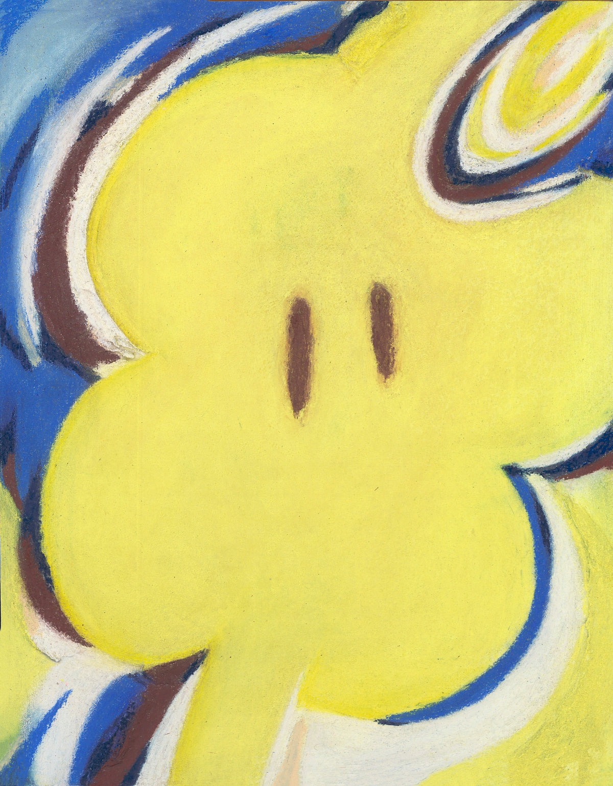 Abstract pastel artwork featuring a large yellow rounded shape with two vertical dark lines, surrounded by blue, white, and brown curved accents.