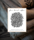 This image features a package of Four Barrel Coffee's DECAF HOUSE BLEND, showcasing an artistic front design. The packaging highlights a black and white illustration of coffee beans, crafted intricately in a dense pattern filling the entire visible surface.