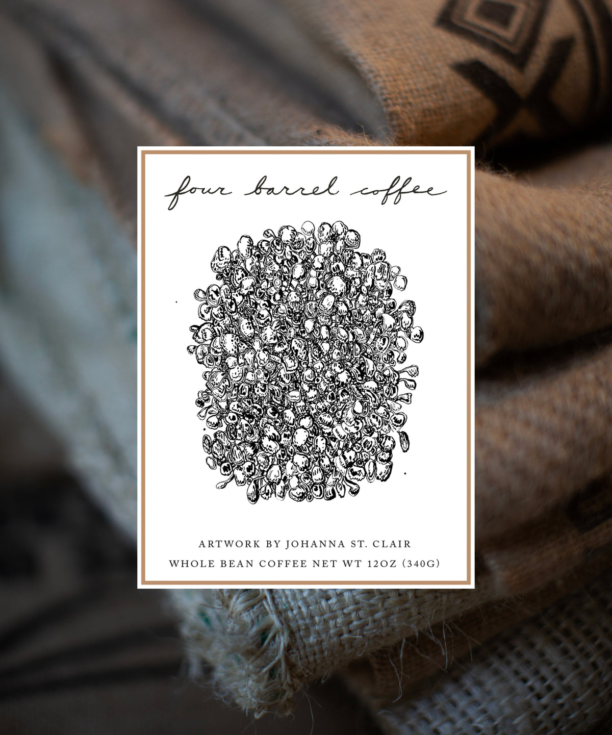 This image features a package of Four Barrel Coffee's DECAF HOUSE BLEND, showcasing an artistic front design. The packaging highlights a black and white illustration of coffee beans, crafted intricately in a dense pattern filling the entire visible surface.
