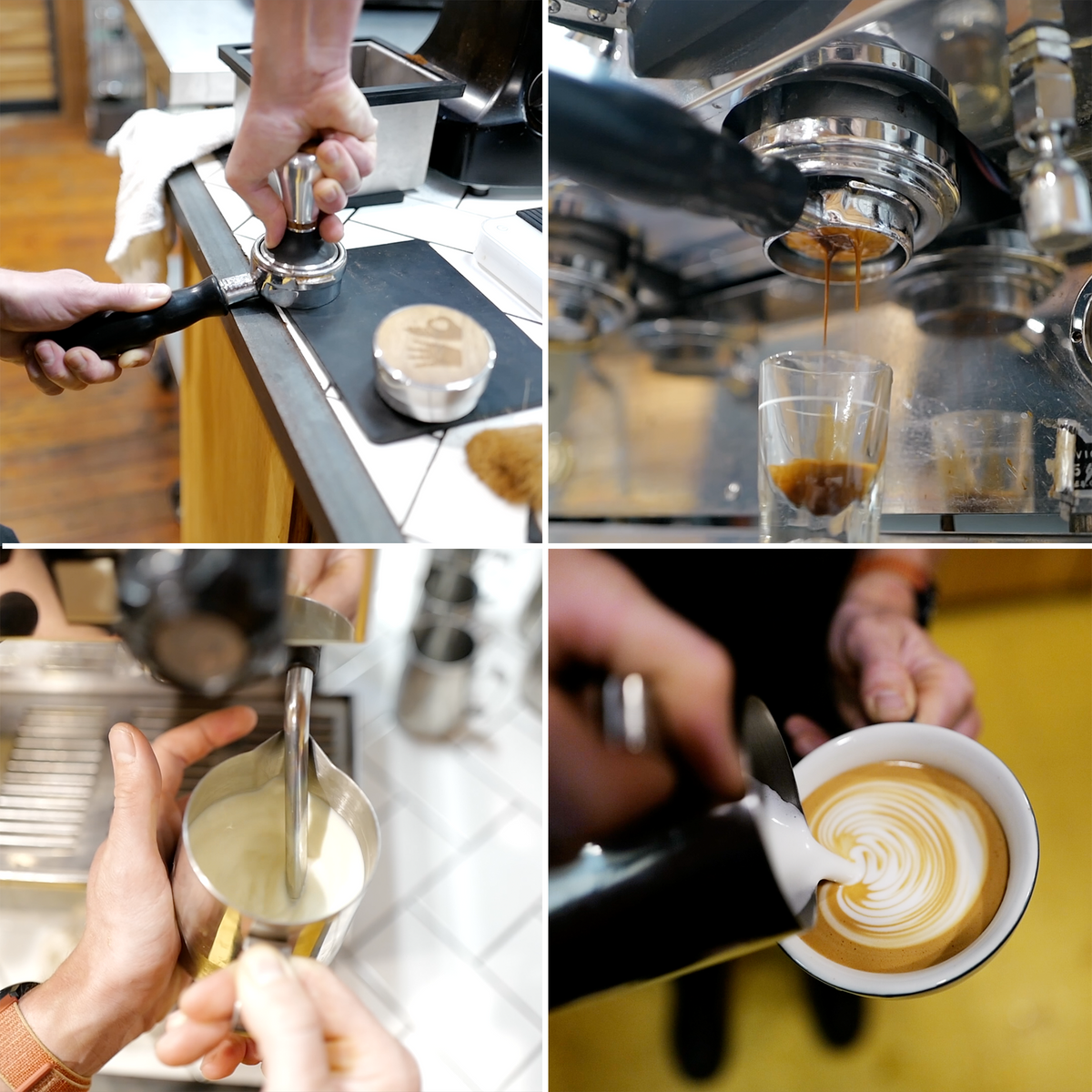 A collage of four images showing the preparation of espresso and milk, including grinding coffee, espresso extraction, milk steaming, and latte art.