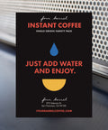 A packaging design for Four Barrel Instant Coffee featuring a single origin variety pack. The design includes text, a blue coffee droplet, and a yellow coffee cup placed against a textured background.