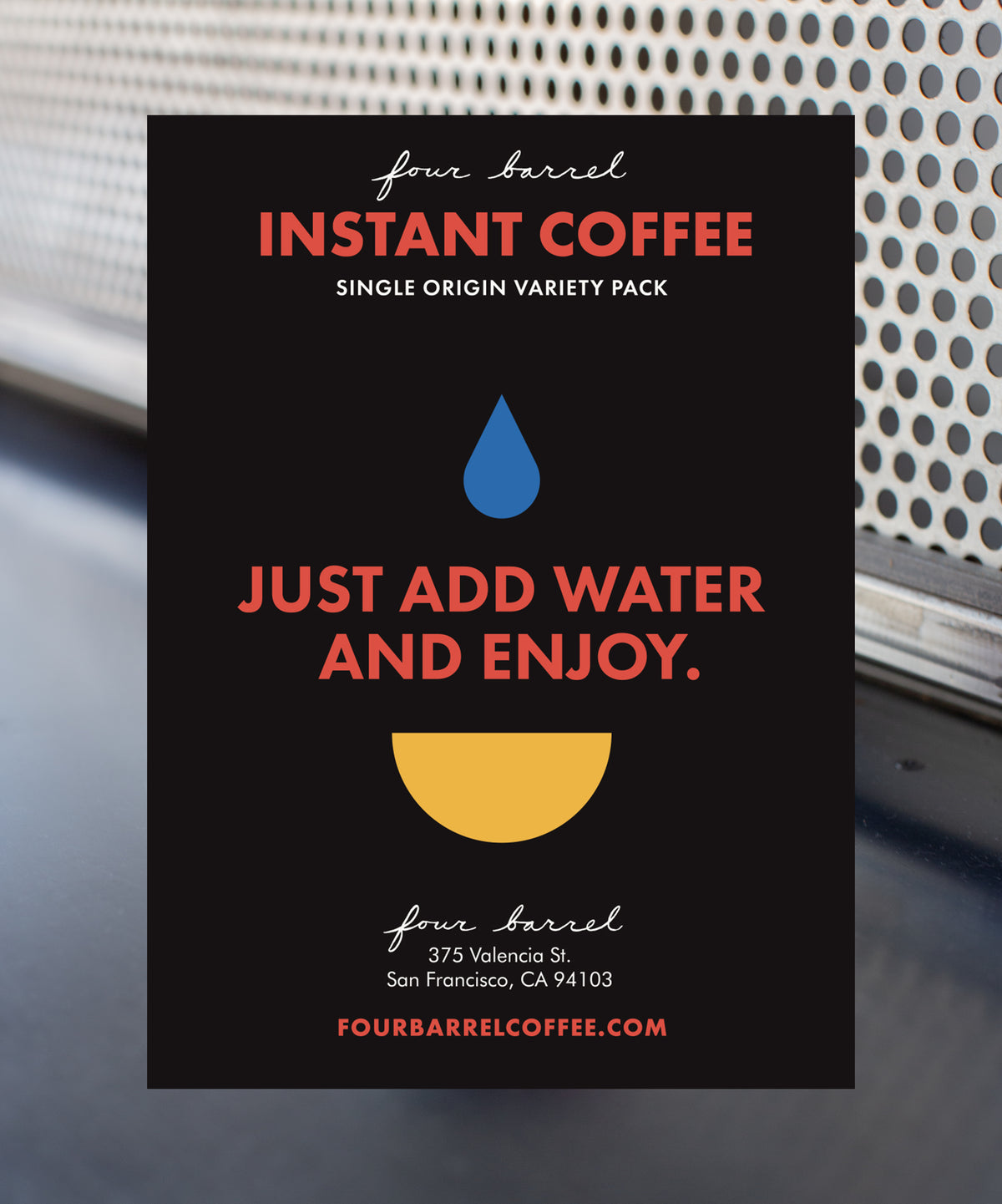 A packaging design for Four Barrel Instant Coffee featuring a single origin variety pack. The design includes text, a blue coffee droplet, and a yellow coffee cup placed against a textured background.
