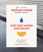 This image features a sleek, minimalistic design for the packaging of Four Barrel Instant Coffee. The front of the box displays the Four Barrel logo at the top, followed by the product name "Instant Coffee" and a tagline that reads "Just add water and enjoy.