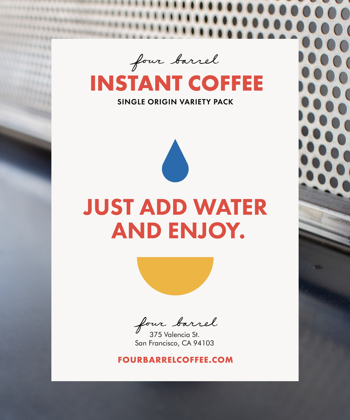 This image features a sleek, minimalistic design for the packaging of Four Barrel Instant Coffee. The front of the box displays the Four Barrel logo at the top, followed by the product name "Instant Coffee" and a tagline that reads "Just add water and enjoy.