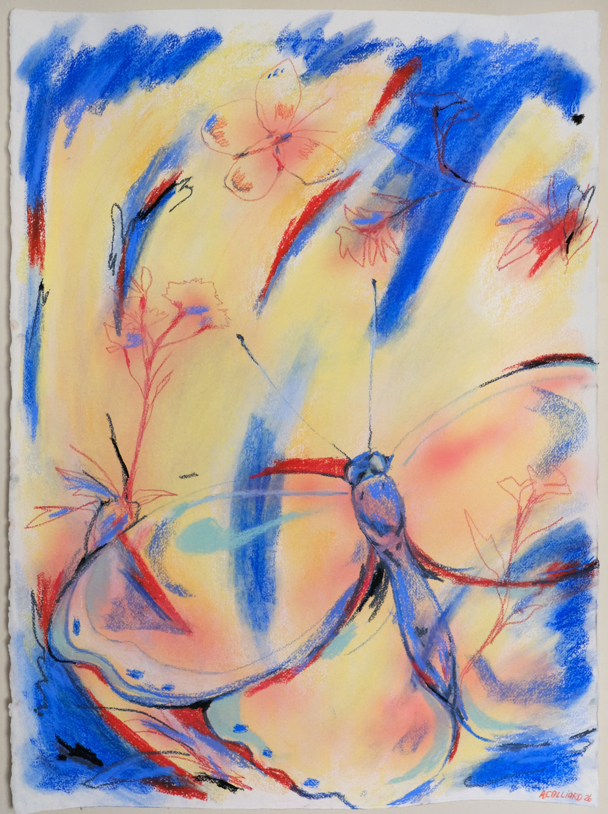 Abstract butterfly artwork on textured paper, featuring a large butterfly in soft peach, pink, and blue tones against a yellow background with blue and red brushstrokes.