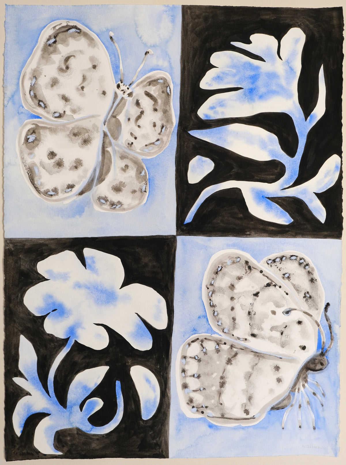 A square art print or painting divided into four quadrants, featuring stylized butterflies and floral motifs in black, white, and light blue. Two quadrants show butterflies with spotted patterns, and two show abstract floral shapes, set against a light beige border.