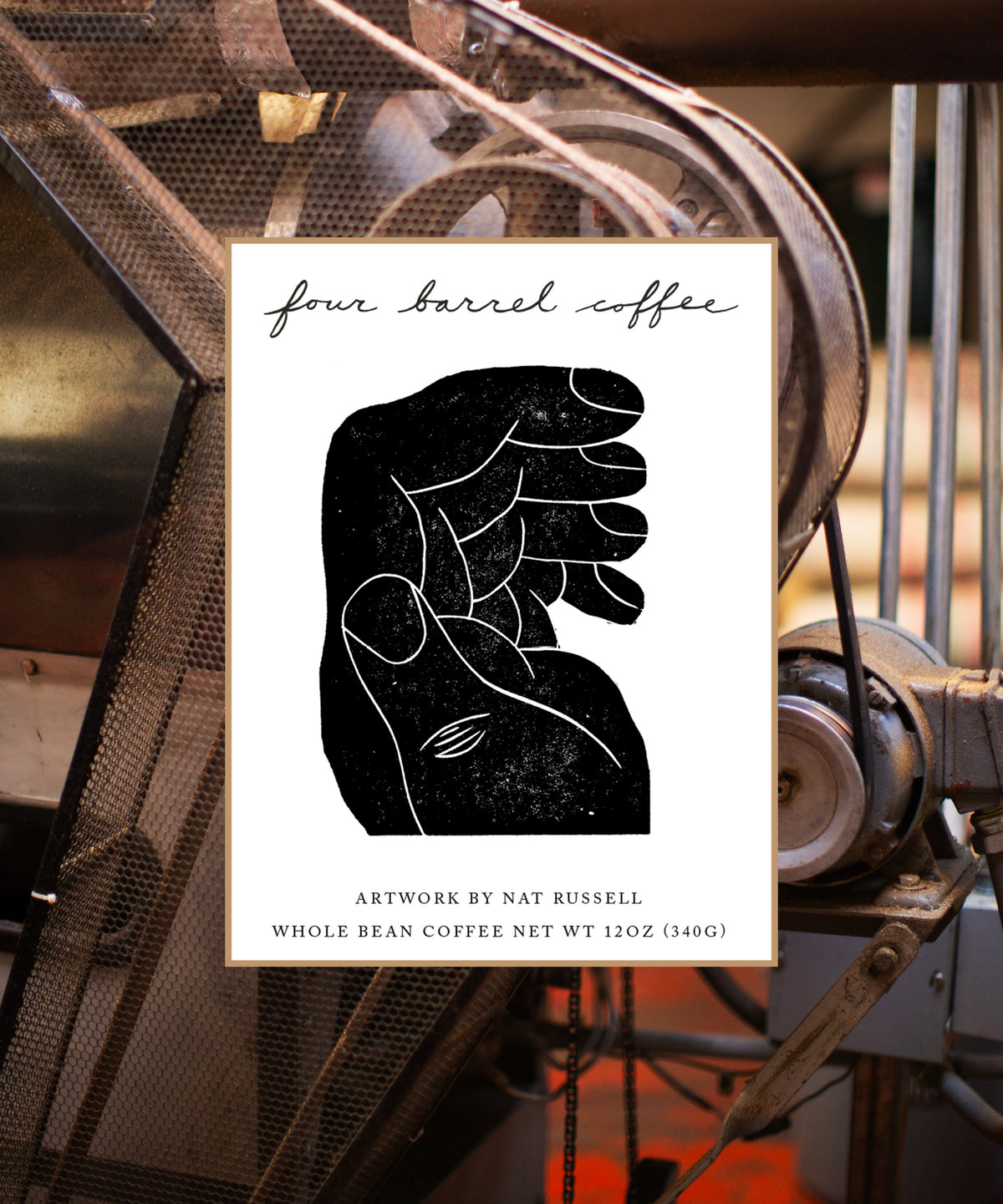 Four Barrel Coffee bag featuring a black graphic illustration of a hand, with text identifying the artist, Nat Russell, and the 12 ounce net weight.