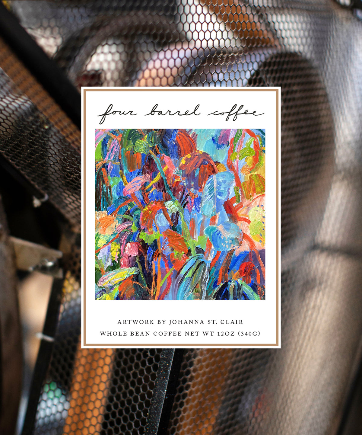 Packaging of Four Barrel Coffee with artwork by Johanna St. Clair, featuring a colorful abstract design.