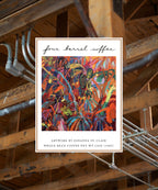 A colorful artistic depiction of a coffee plantation with abstract shapes and vibrant colors on a label for 'Four Barrel Coffee' by Johanna St. Clair, displayed in a rustic setting with wooden beams and electrical wiring in the background.