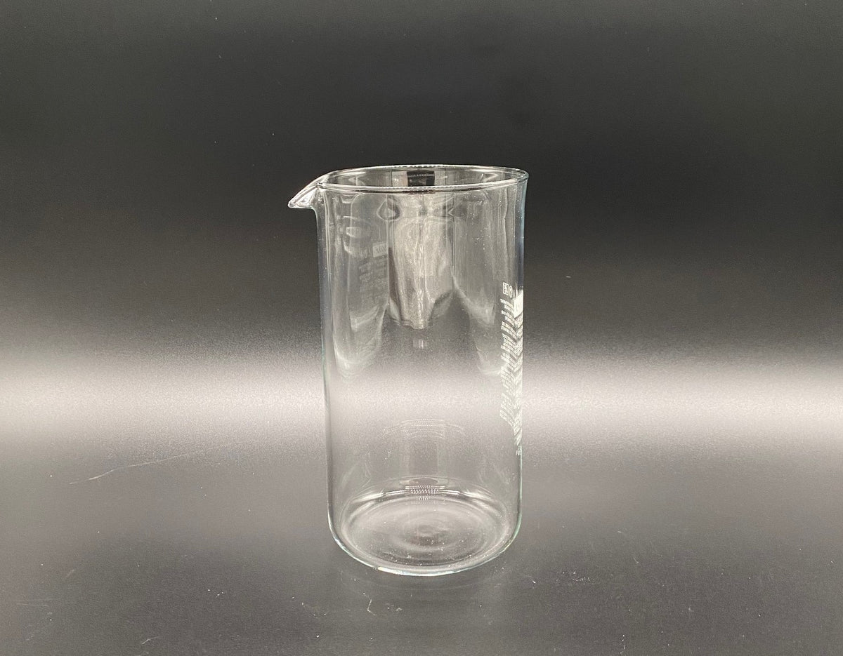 French Press Glass Replacement, a cylindrical clear glass beaker with a small pouring spout.