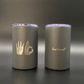 Two matte gray 4B HAND TUMBLERs with clear lids; one features a hand sign graphic and the other features the text four barrel.