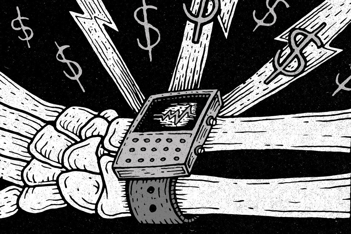 A skeletal hand wearing a digital wristwatch, with dollar signs and lightning bolts radiating outward, on a gift card - online use only.